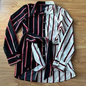 Tommy Hilfiger Split Striped Button Down Shirt w/ Waist Tie